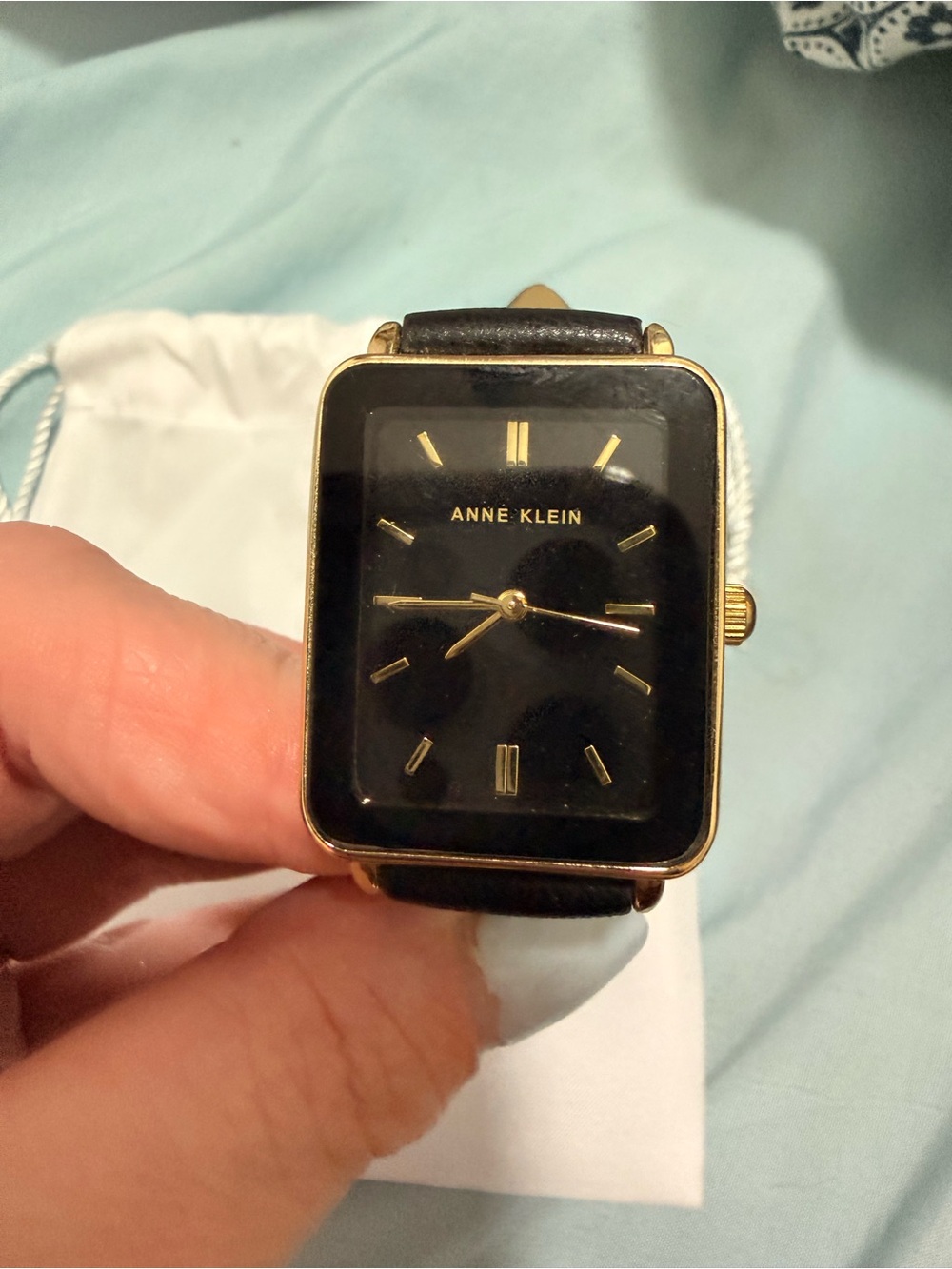 Anne Klein Black and Gold Square Dial Leather Watch